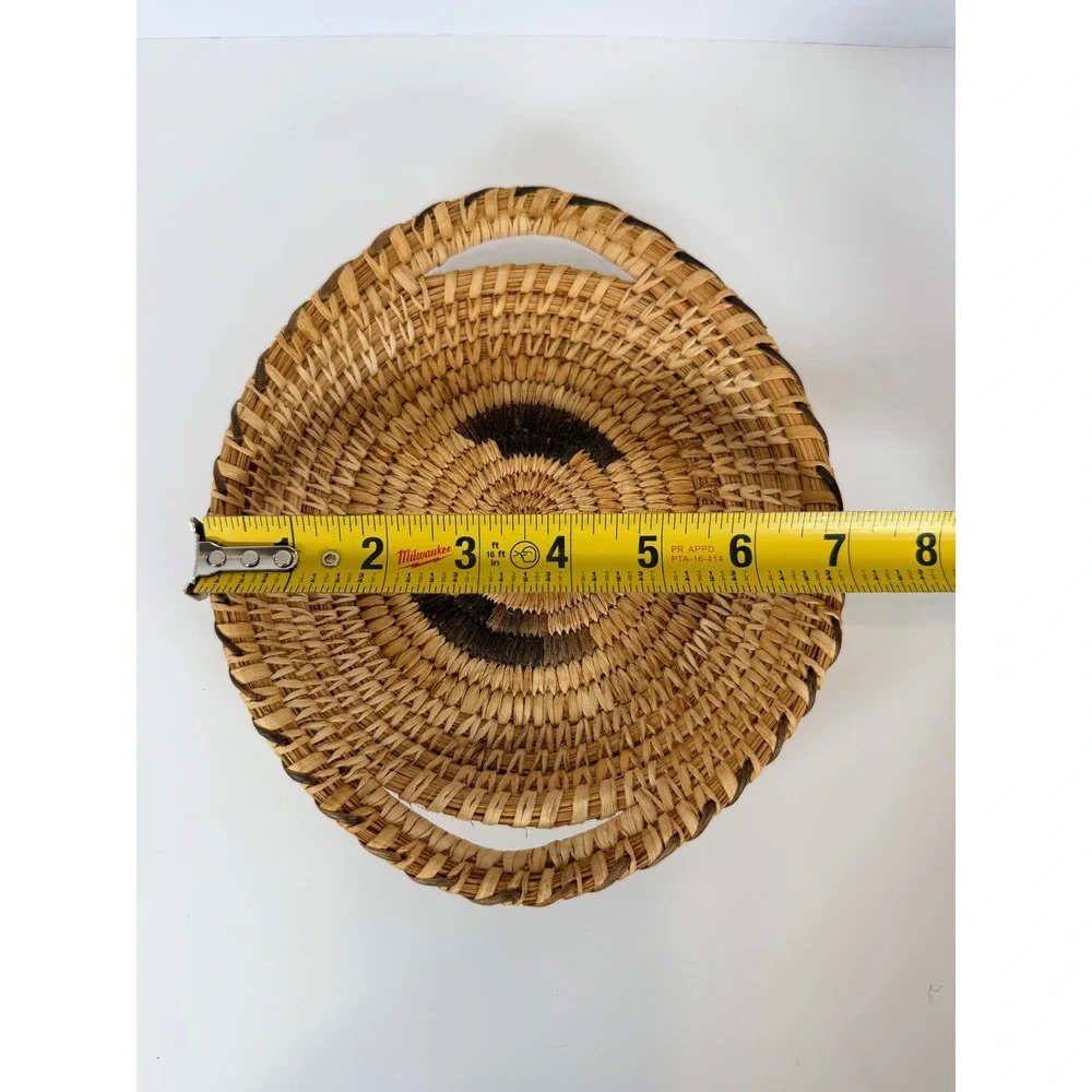 Small Woven Basket Trinket Dish with Handles Natural Raffia Black Vintage papago